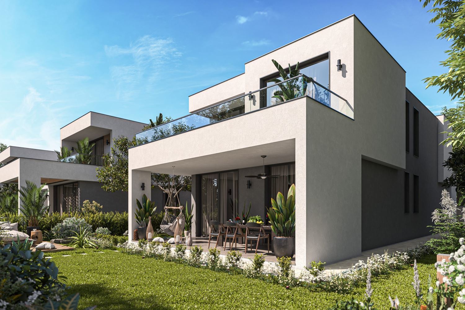 Изключителна двуетажна къща с три спални и просторен двор в луксозен охраняем комплекс между Сарафово и Поморие